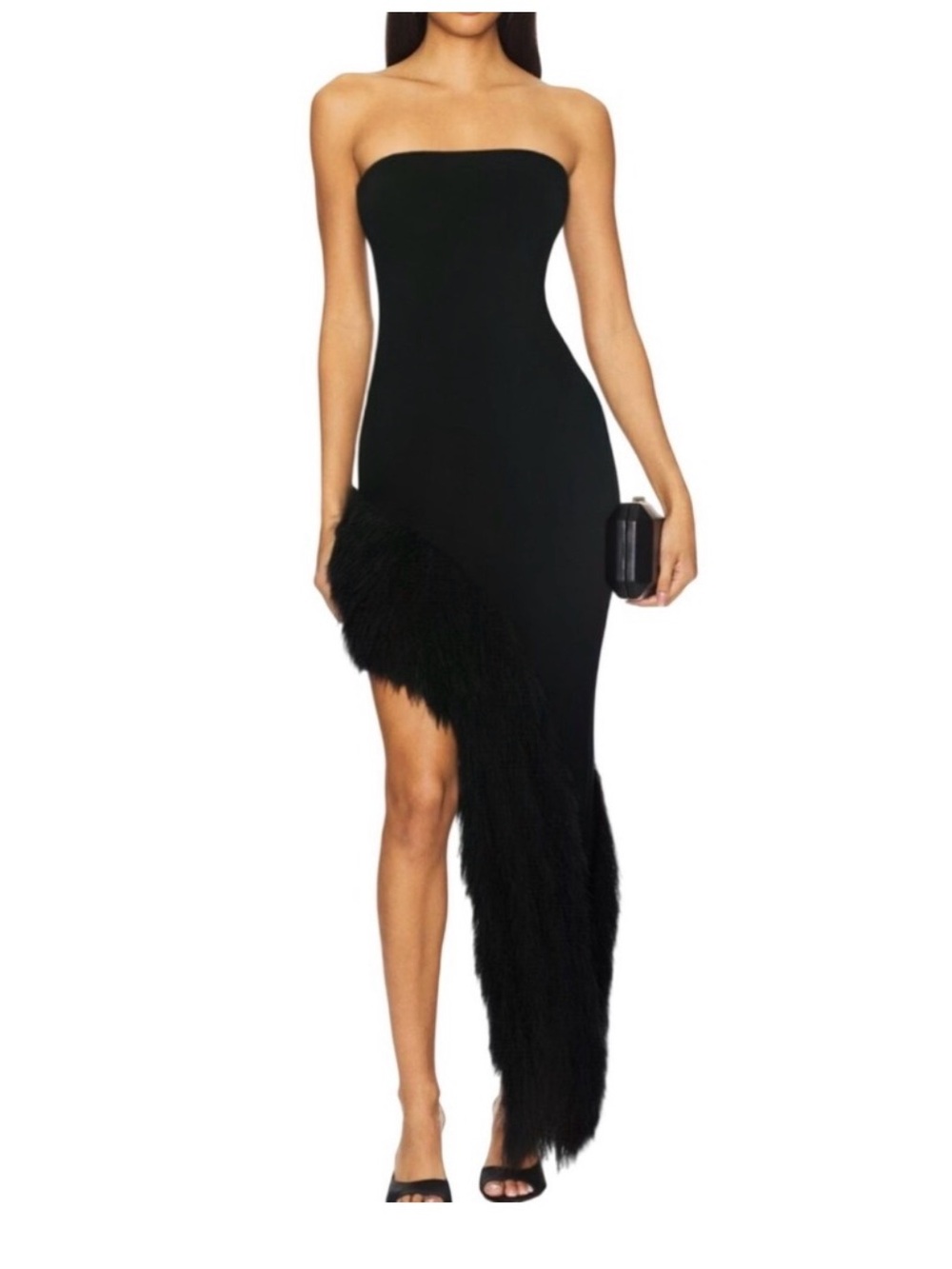 NBD Black Strapless Asymmetric Feather-Trim Dress